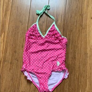 US POLO ASSOC Pink Polka Dot Swimsuit Sz 24 mins